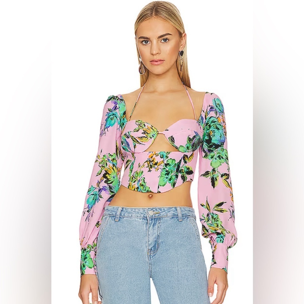 AFRM Pink Floral Bustier Crop Top with Long Puff Sleeves